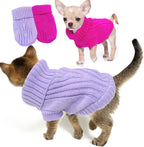 Back view of the purple knitted puppy apparel highlighting the snug fit.
