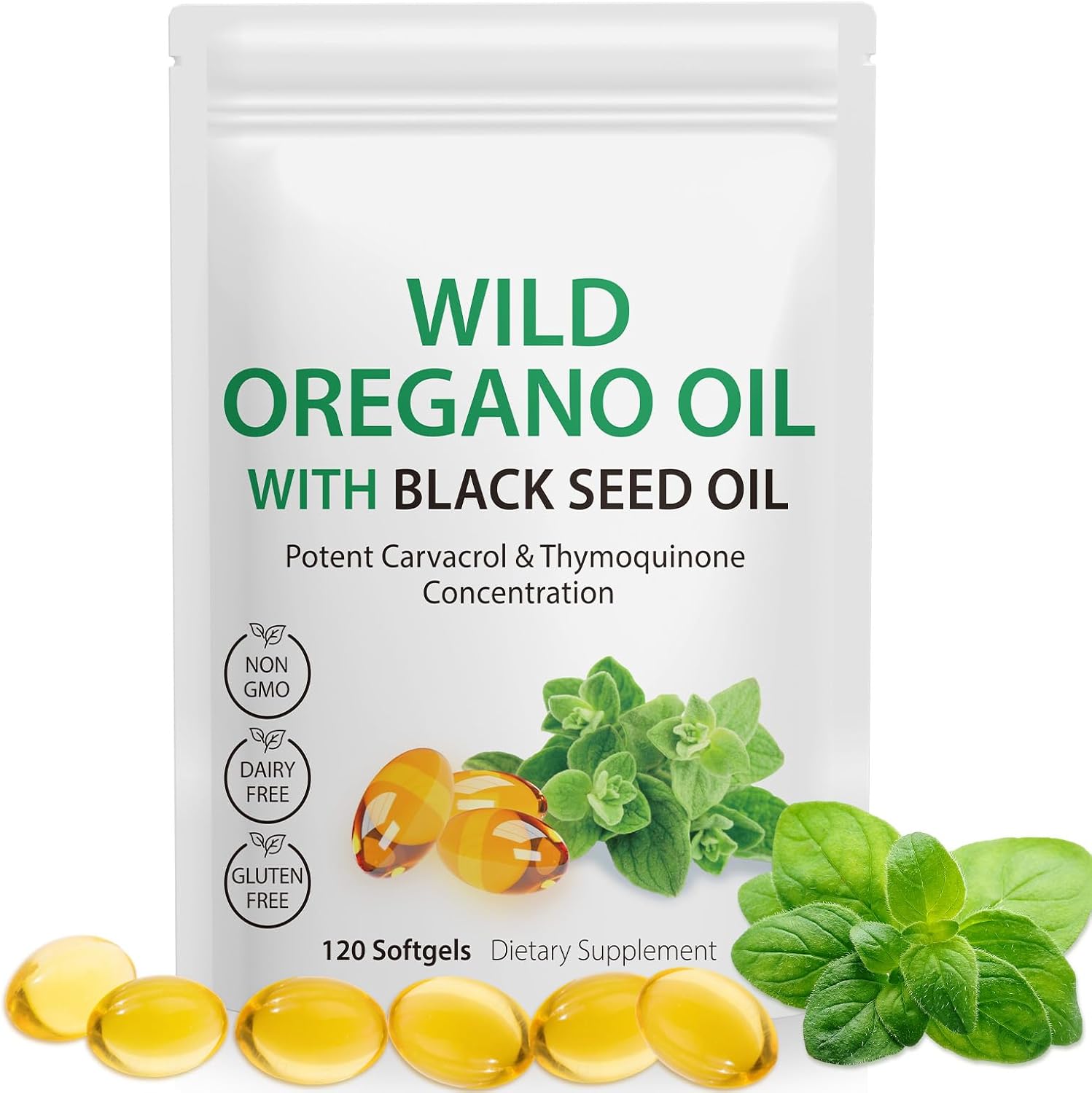 NenMaoKeNu Oil of Oregano and Black Seed Oil Capsules 120 softgels front packaging view showing immune support claims