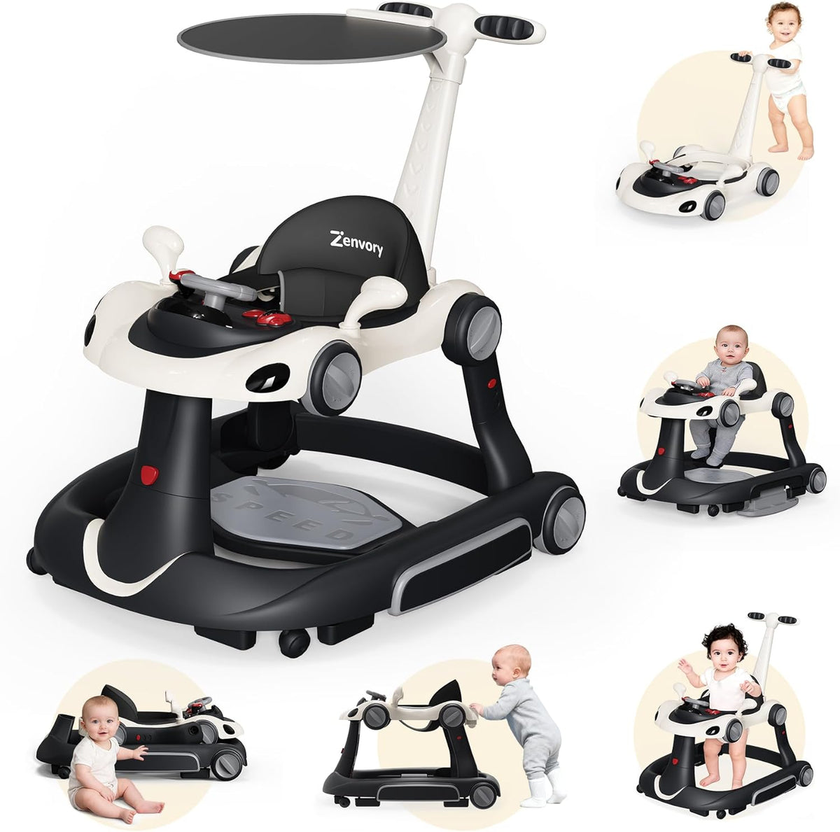 Zenvory 6 in 1 foldable baby walker front view activity center