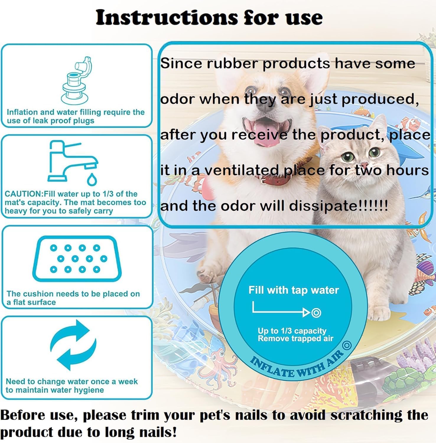Inflatable pet cooling water mat being filled with water for indoor cat entertainment.