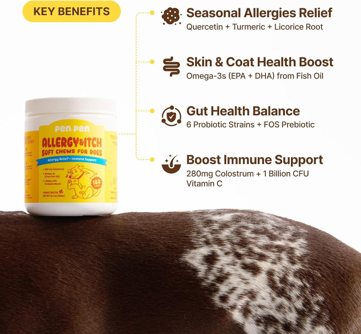 Peanut butter flavored PENPEN anti itch chews for immune support