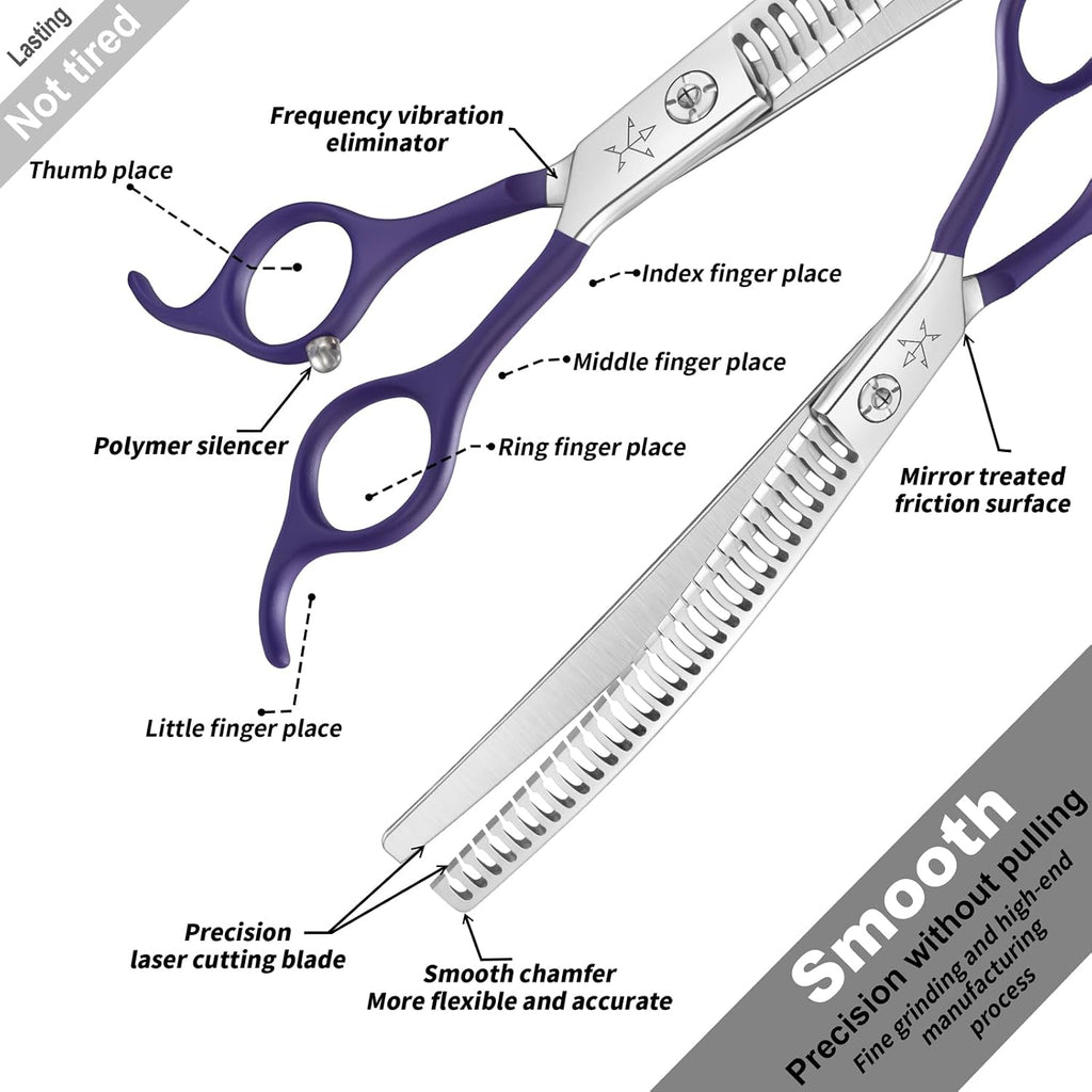 Fengliren 7.5 inch professional dog thinning scissors held at an angle demonstrating ergonomic finger rests.