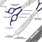 Fengliren 7.5 inch professional dog thinning scissors held at an angle demonstrating ergonomic finger rests.