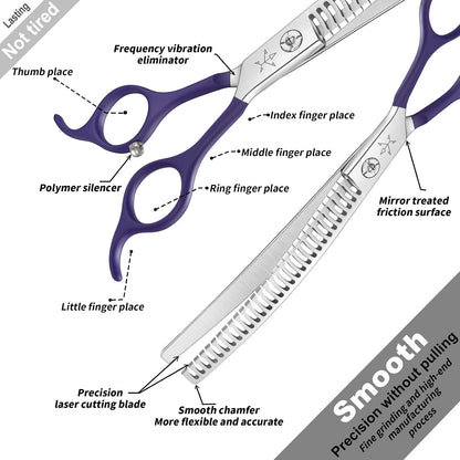Fengliren 7.5 inch professional dog thinning scissors held at an angle demonstrating ergonomic finger rests.