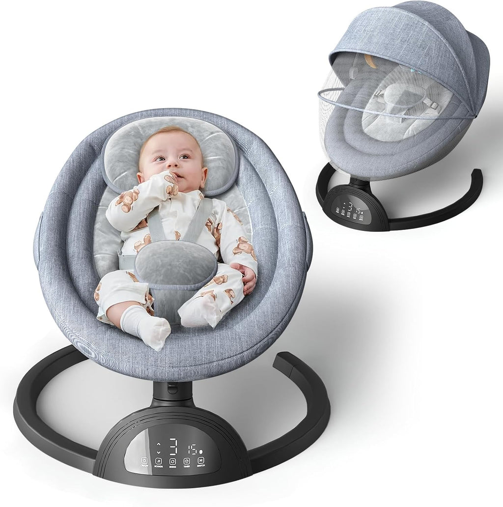 Monniebaby portable baby swing front view with plush grey upholstery