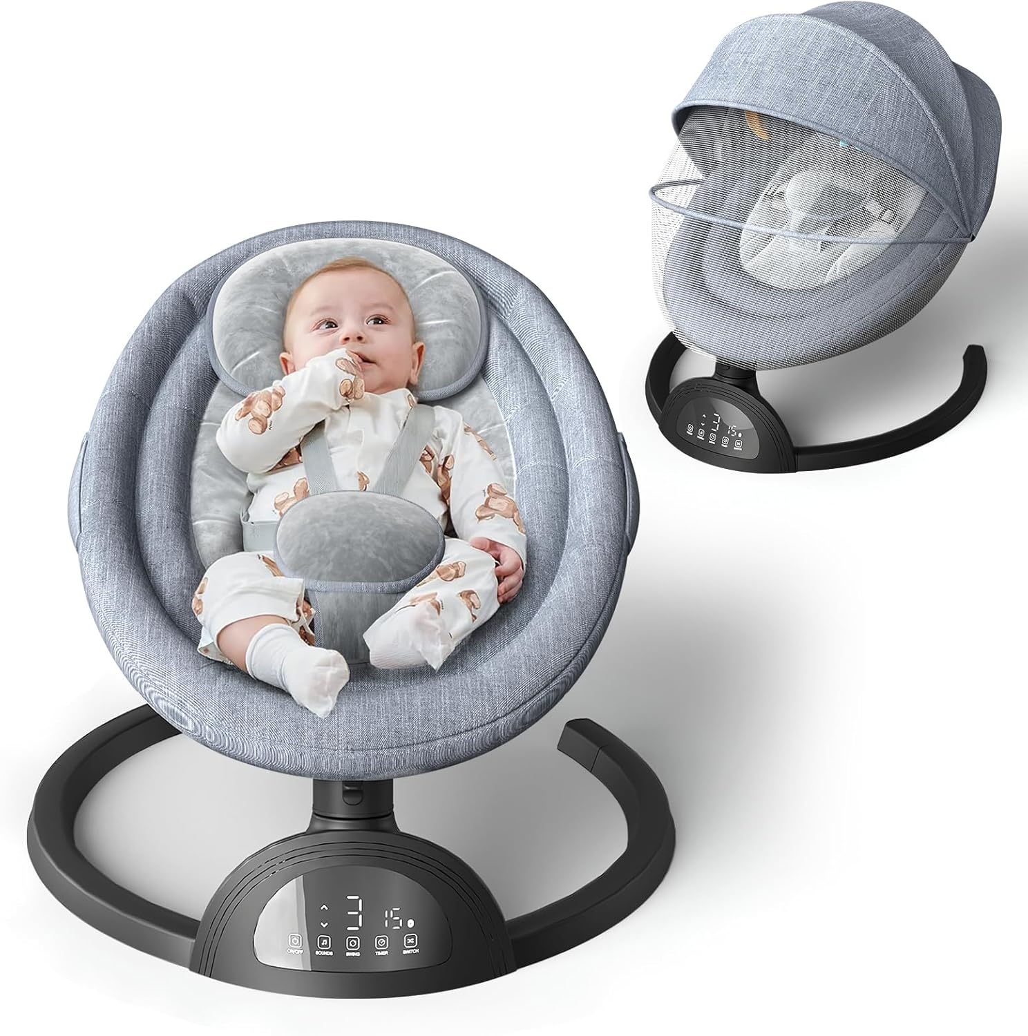 Monniebaby portable infant swing front view with plush toys