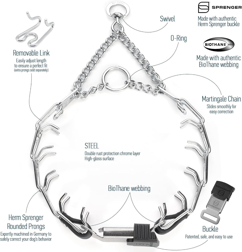 Herm Sprenger dog training pinch collar showing the 2.25 millimeter interlocking wire gauge profile.