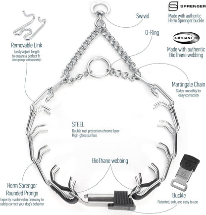 Herm Sprenger dog training pinch collar showing the 2.25 millimeter interlocking wire gauge profile.