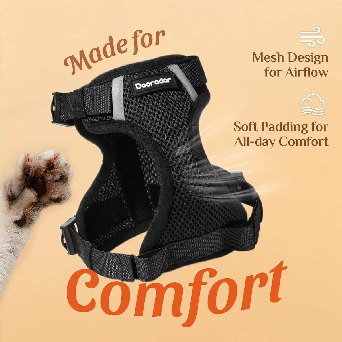Dooradar Cat Harness and Leash Set, Escape Proof Soft with 3 Adjustable Buckles, Comfortable Vest Easy to Wear Kitten Harness with Reflective Strip, Safe for Outdoor Walking, Black, S - Image 9
