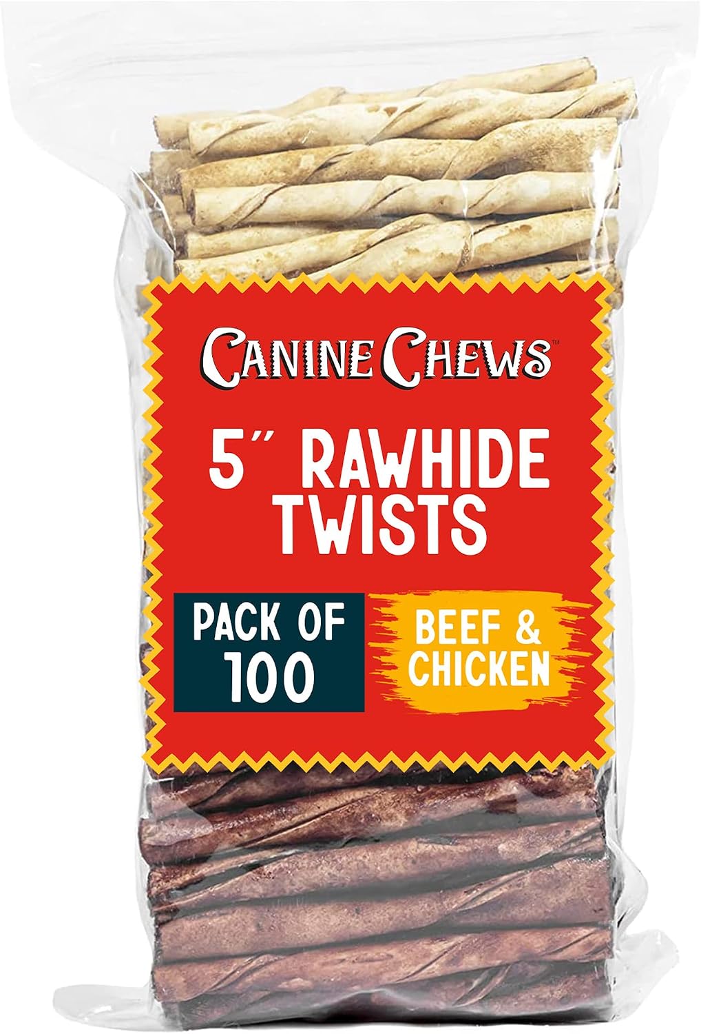 Canine Chews Small Rawhide Twists for Dogs - Pack of 100 5" Beef Flavored Rawhide Sticks for Small Dogs & Puppies - Protein Dense Beef Flavored Rawhides for Dogs - Natural Dog Rawhide Sticks - Image 9