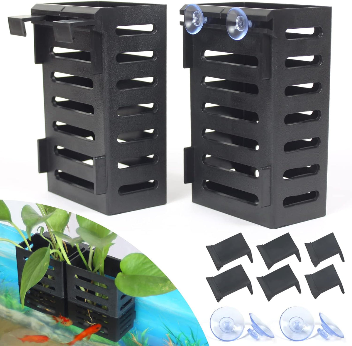 Sanjhff aquarium plant holder front view hanging on fish tank glass.