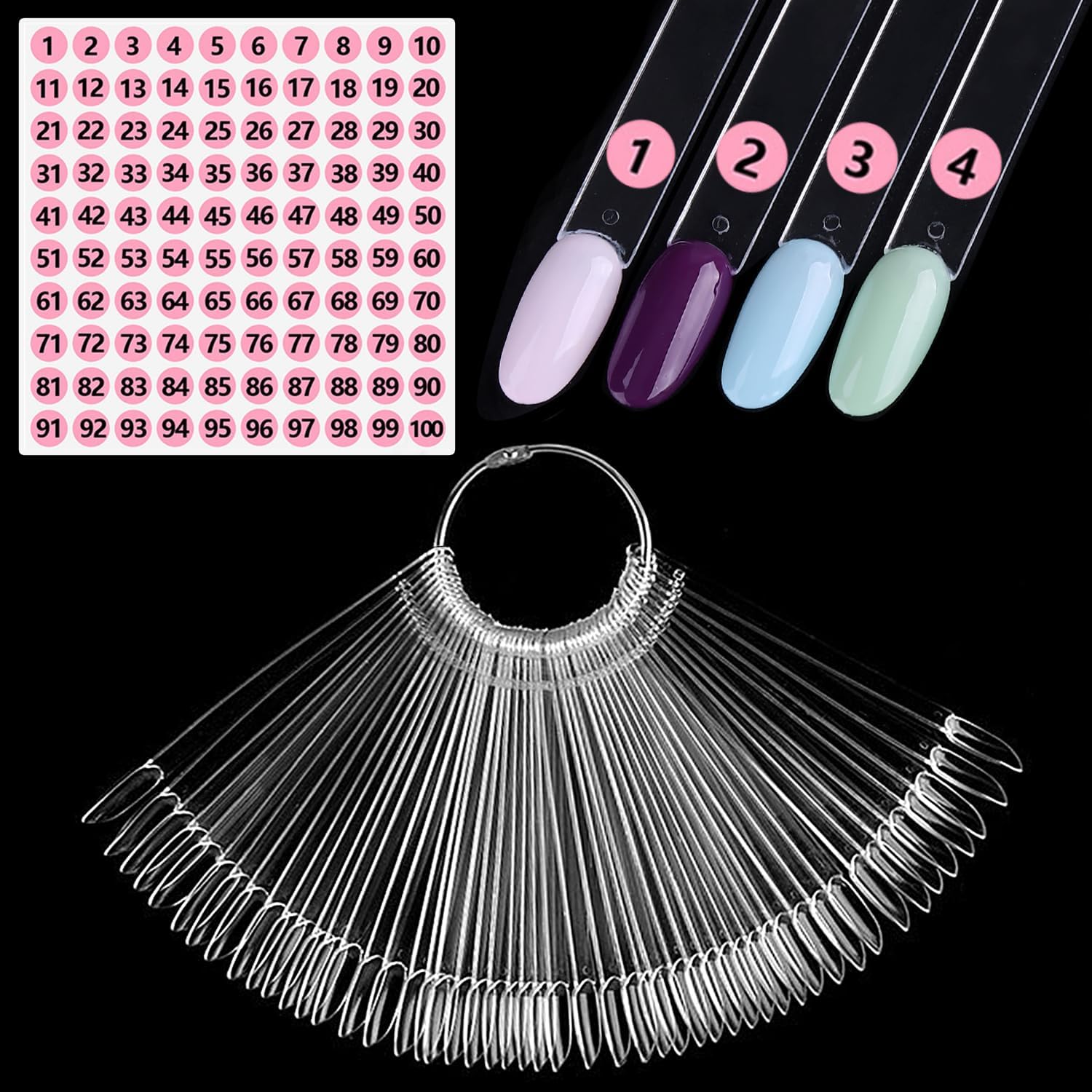 PINGEUI 50 pieces clear nail swatch sticks with metal ring front view