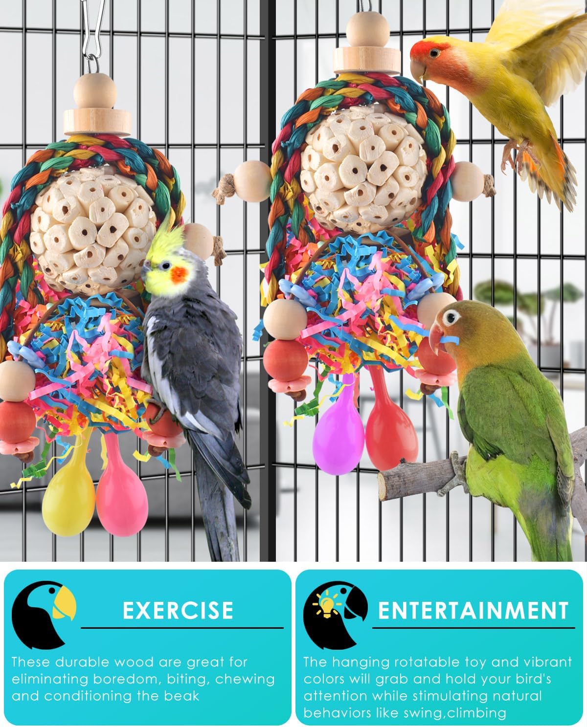 Hanging bird foraging toy setup inside a small parrot cage