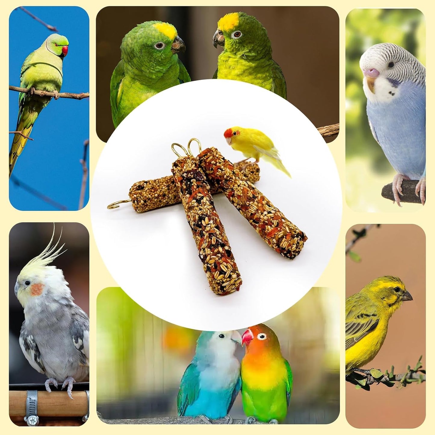 Three pieces of Acsist natural parakeet treats on white background