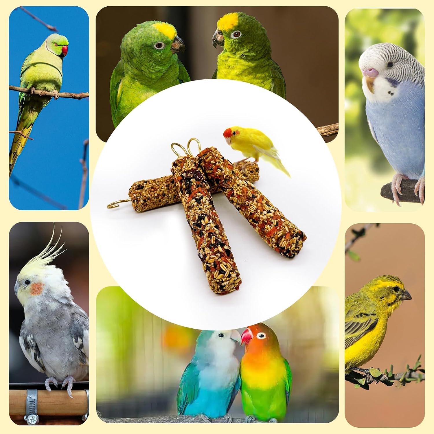 Three pieces of Acsist natural parakeet treats on white background