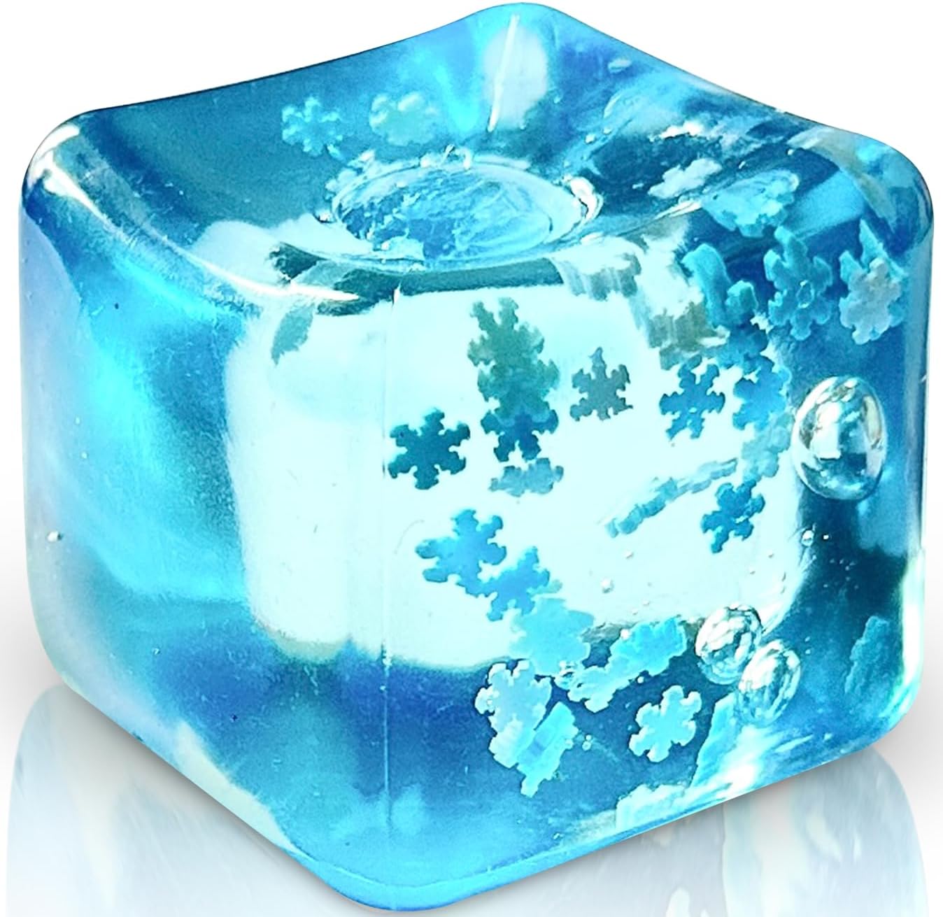 TwCare snowflake ice cube stress ball front view showing clear square shape with blue gel and miniature snowflakes inside