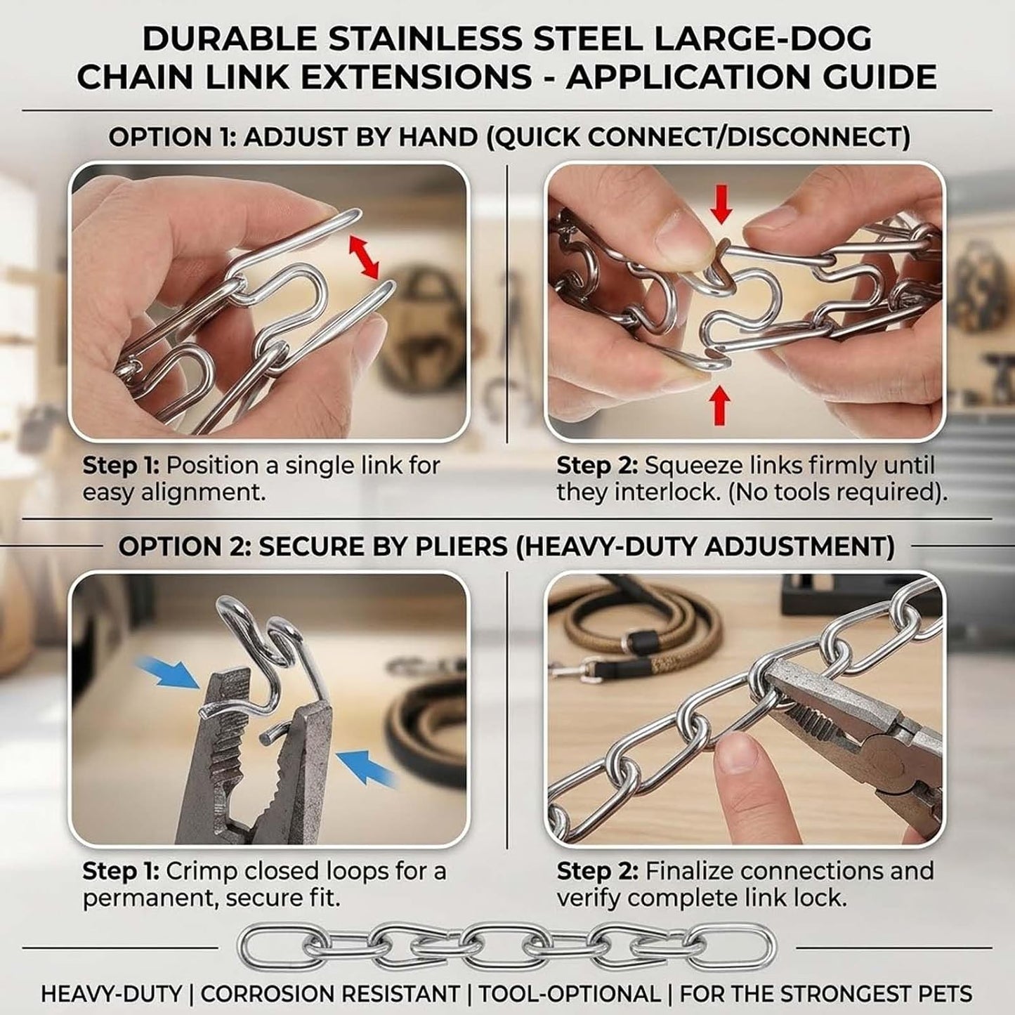 Close up view of three millimeter thick steel dog pinch collar link prongs