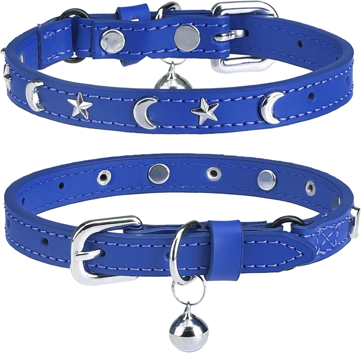 Leather Cat Collars for Boy Girl Cats with Bell and Safety Elastic Belt, Personalized Star and Moon Stud Adjustable Safe Buckle Collar for Kitty Small Big Cats Size 7-9 Inch, Black - Image 11