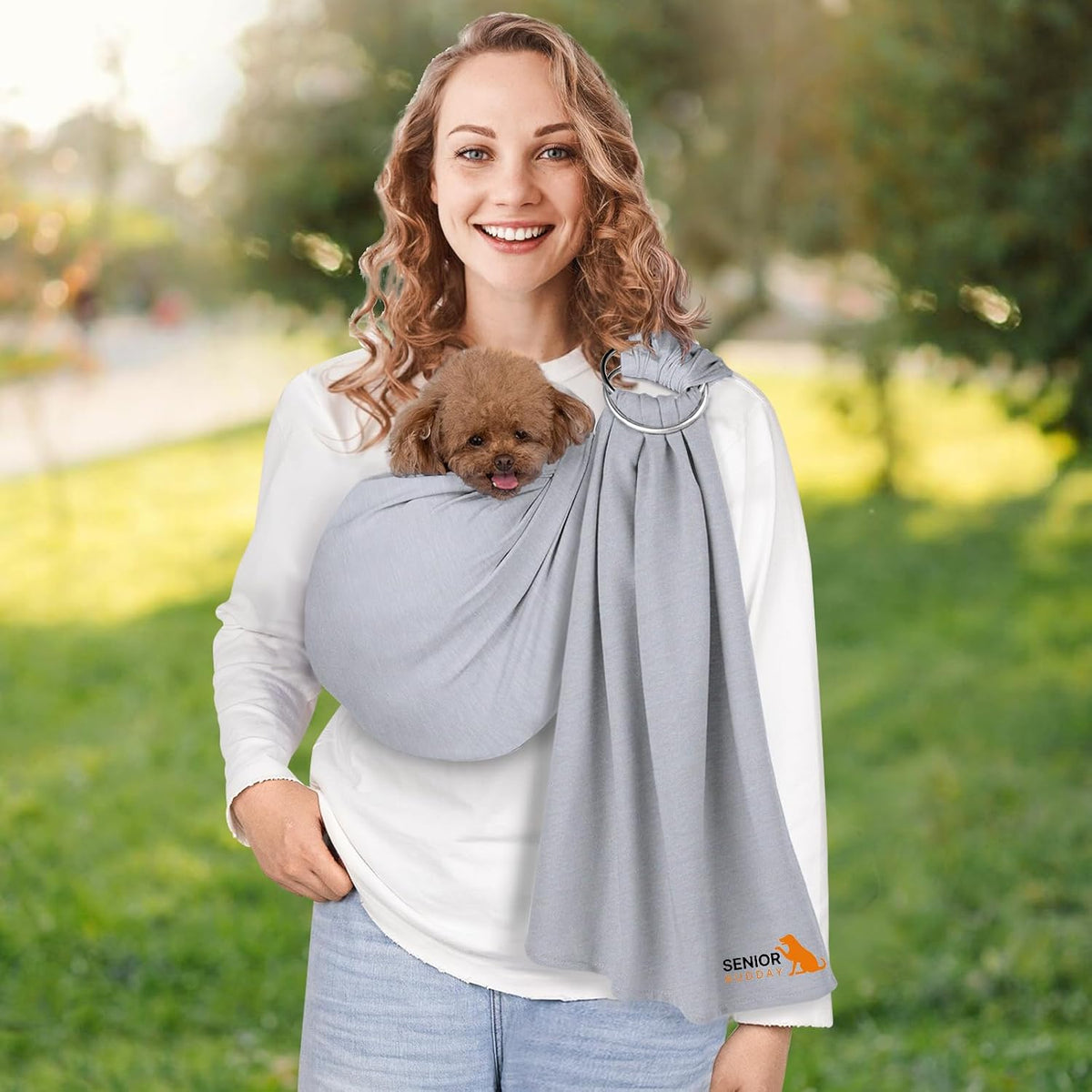 Senior Budday dog sling carrier in light gray front view