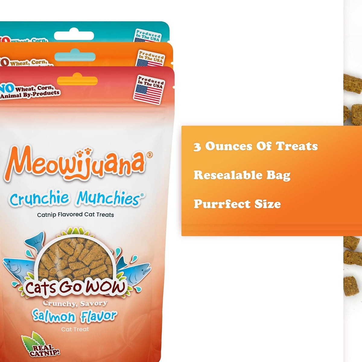 Meowijuana low calorie cat snacks showing back label with guaranteed analysis.