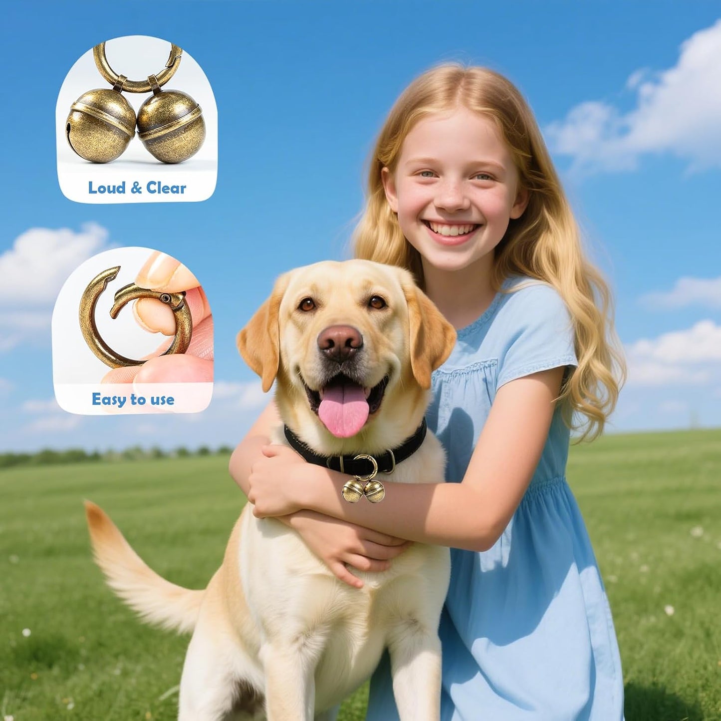 Durable rust resistant copper bells for large dogs highlighting the secure metal split ring attachment.