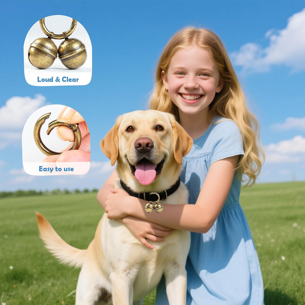 Durable rust resistant copper bells for large dogs highlighting the secure metal split ring attachment.