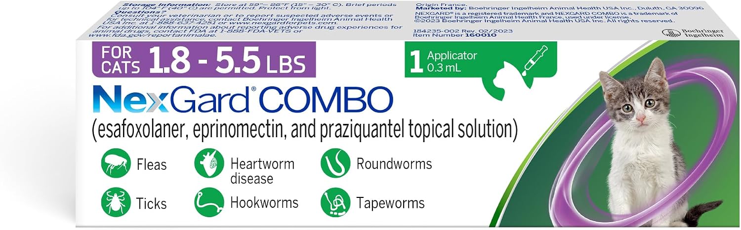 NexGard(R) Combo (esafoxolaner, eprinomectin, and praziquantel Topical Solution) Flea and Tick Protection Plus Heartworm Disease Preventive for Cats, 5.6-16.5 lbs. (Yellow Box) 6 Doses (6 Month Supply) - Image 12