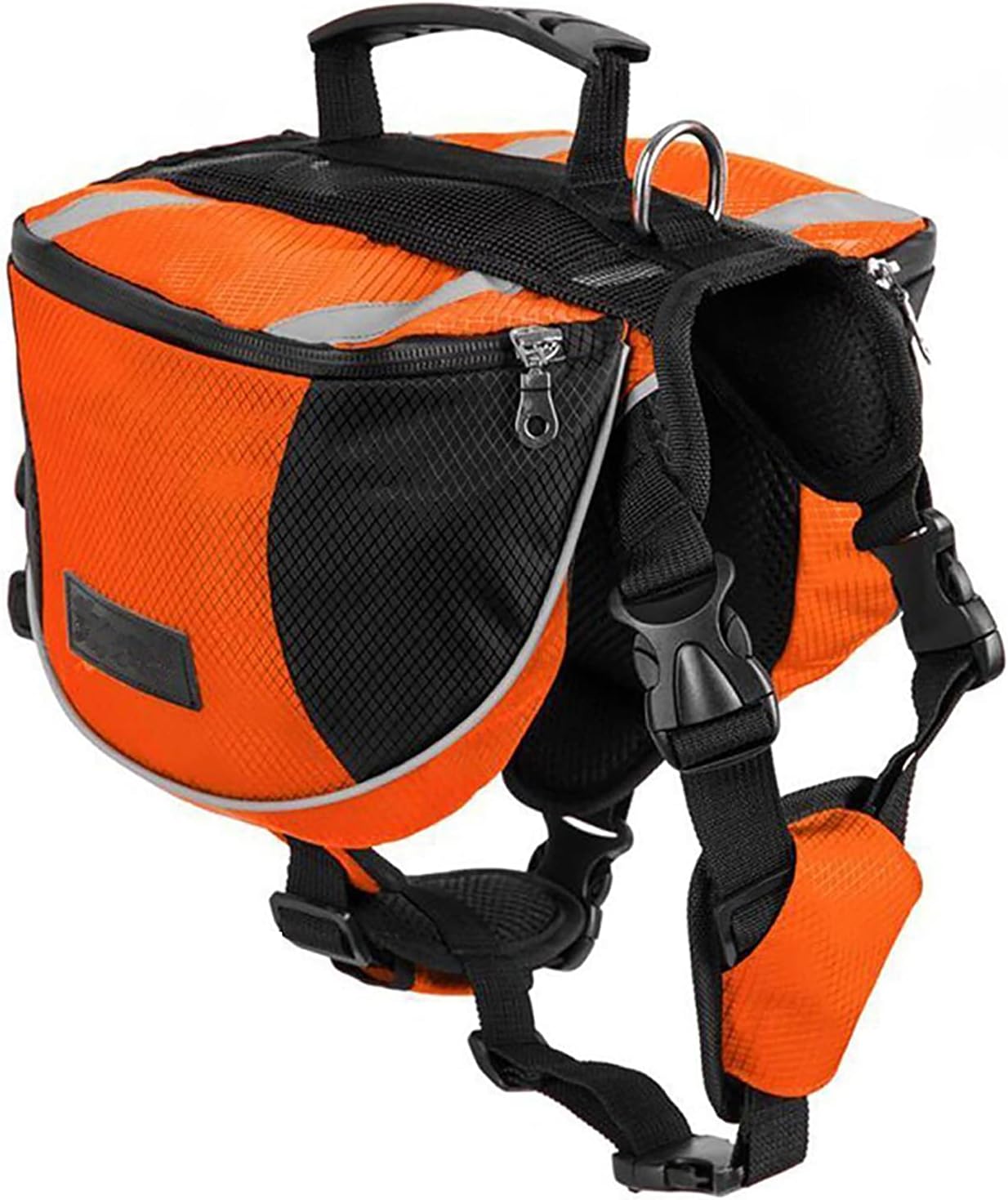 Lifeunion polyester dog saddlebags pack front view showing orange medium backpack on dog