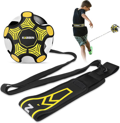 Kabibin solo soccer kick trainer front view highlighting yellow and black ball harness