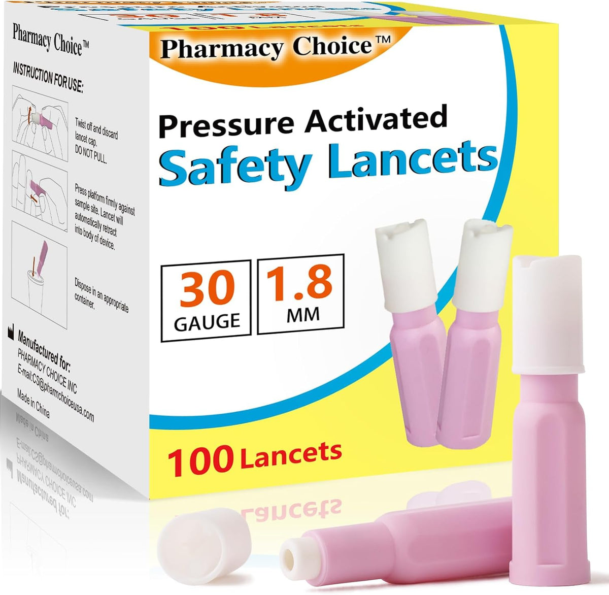 Pharmacy Choice Safety Lancets 100 count box front view for authentic diabetes testing supplies