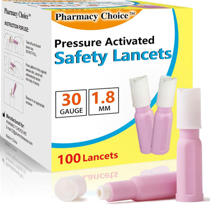 Pharmacy Choice Safety Lancets 100 count box front view for authentic diabetes testing supplies