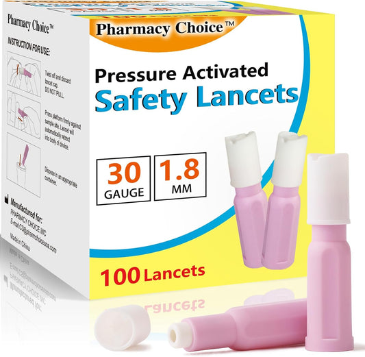 Pharmacy Choice Safety Lancets 100 count box front view for authentic diabetes testing supplies