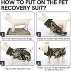 SAWMONG dog onesie after surgery demonstrating the rolled up rear flap mechanism for bathroom breaks.