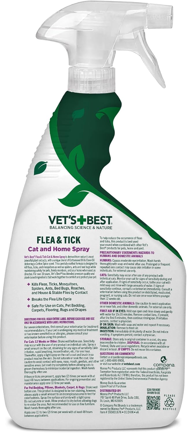 Premium imported USA feline flea control treatment mist packaging overview.