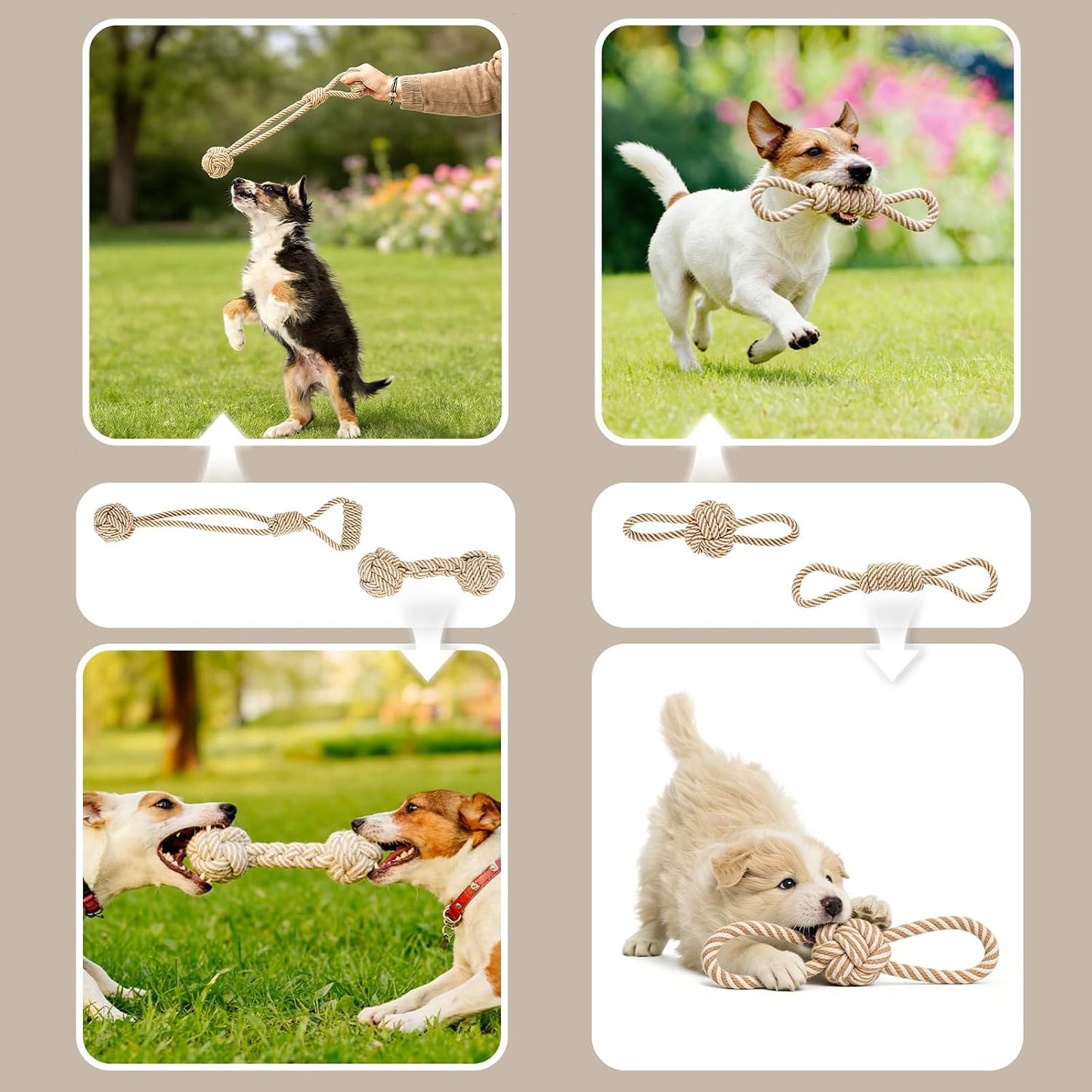 Safe dental care cotton rope toy for puppy teeth cleaning and gum massage.
