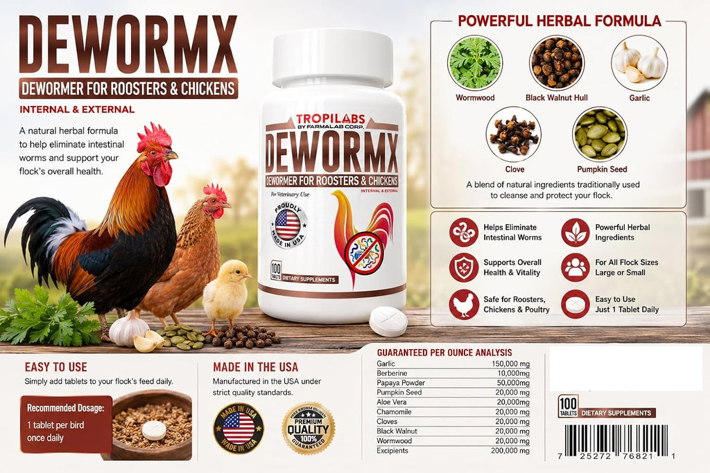 Natural dewormer supplement bottle shown with poultry feed