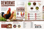 Natural dewormer supplement bottle shown with poultry feed