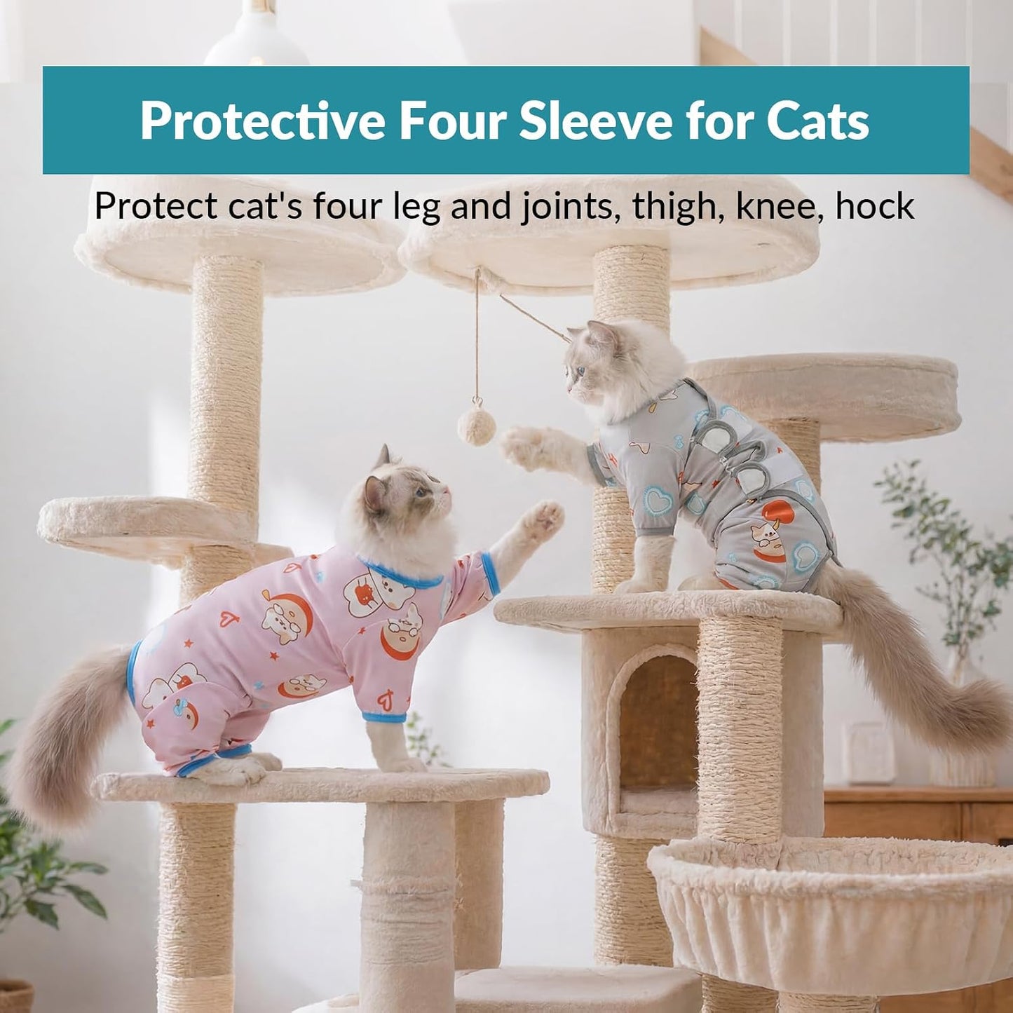 Cat wearing grey recovery suit resting comfortably