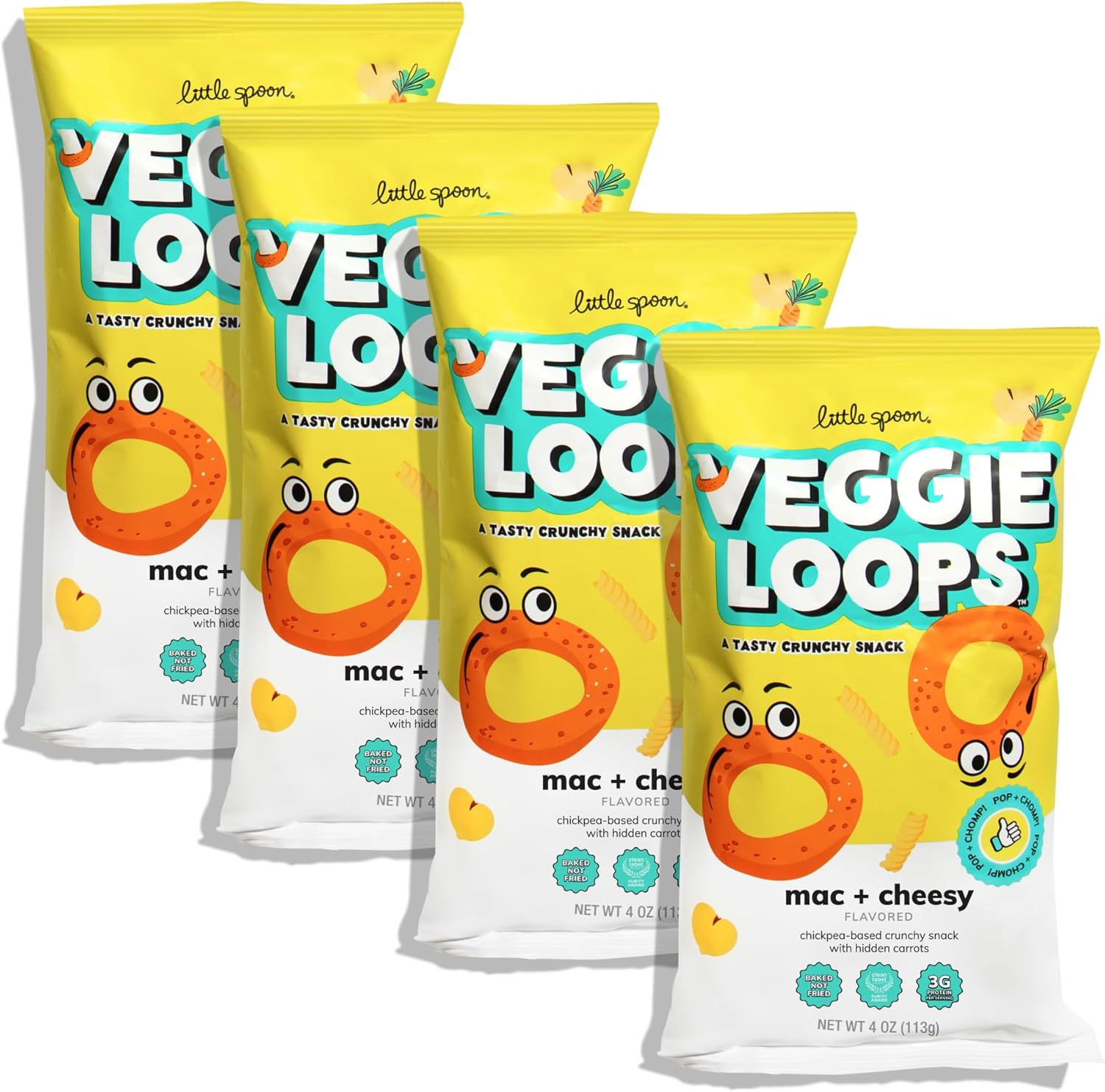 Little Spoon Mac and Cheesy Veggie Loops front packaging of the imported chickpea kid snack pack.