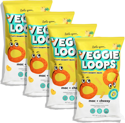 Little Spoon Mac and Cheesy Veggie Loops front packaging of the imported chickpea kid snack pack.