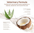 Plant based formula pet wipe for removing dirt and dander.