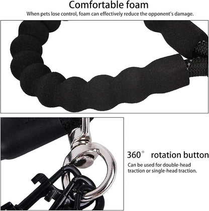 Heavy duty metal alloy snap hooks attached to the blue braided nylon dog rope.