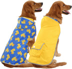 HDE Reversible Hooded Dog Raincoat front view featuring the vibrant ducks yellow pattern.