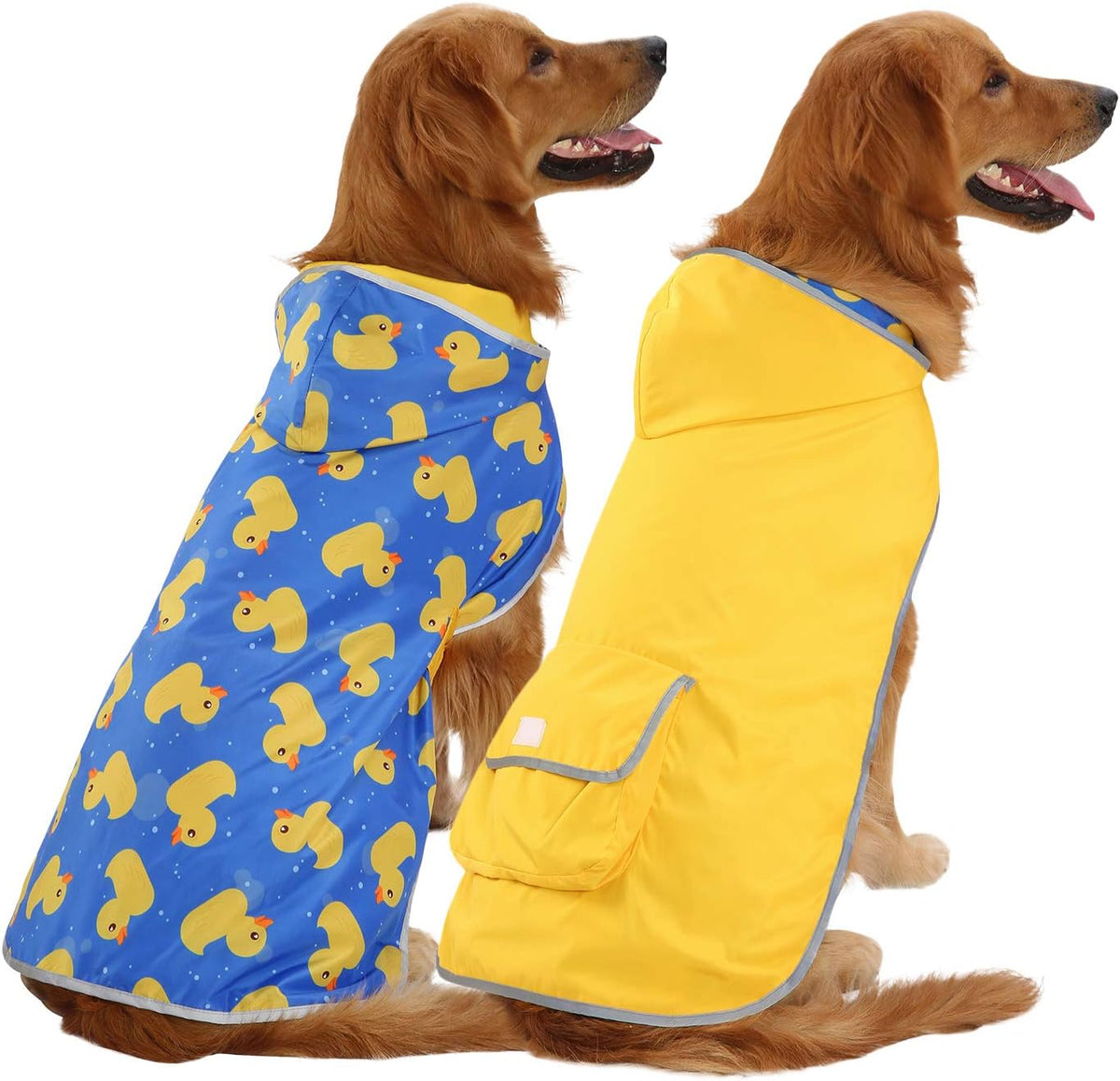 HDE Reversible Hooded Dog Raincoat front view featuring the vibrant ducks yellow pattern.