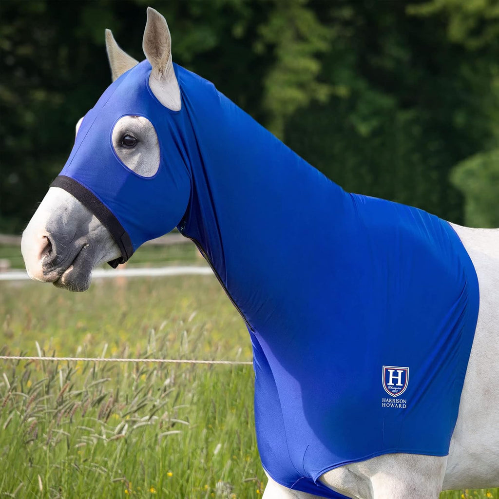 Harrison Howard horse grooming stretch hood showing the durable zipper base at the chest area.