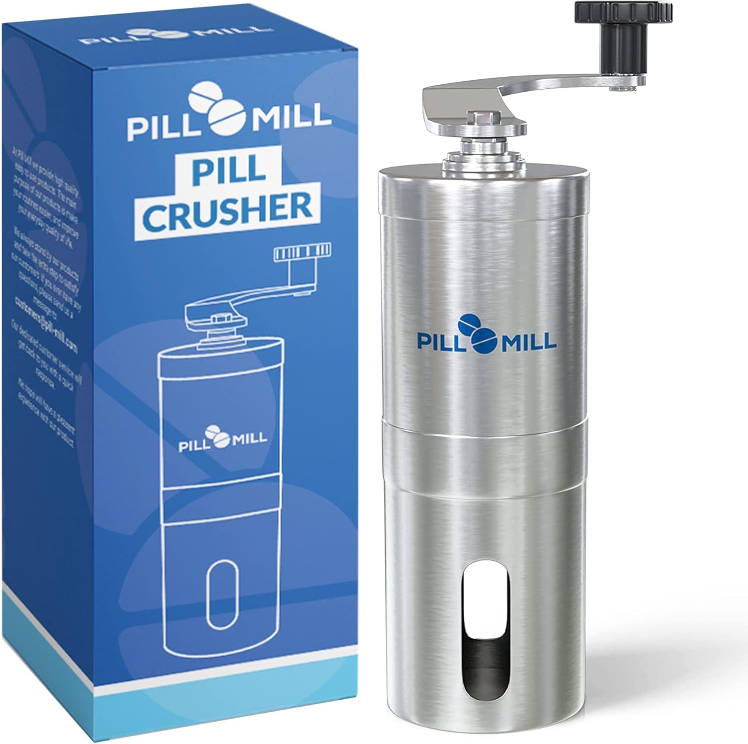 Pill Mill Pill Crusher front view showing the premium stainless steel metal body and elongated crank handle.