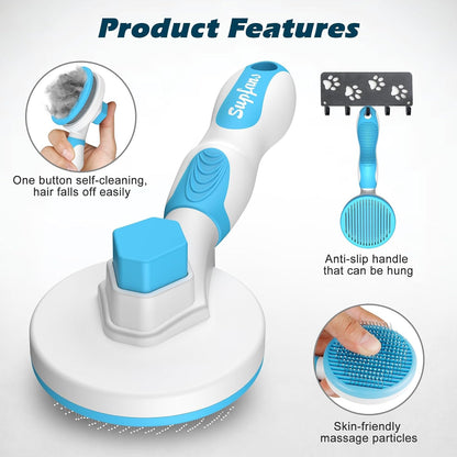 Comotech cat brushes for indoor cats package displaying blue deshedding slicker tool.