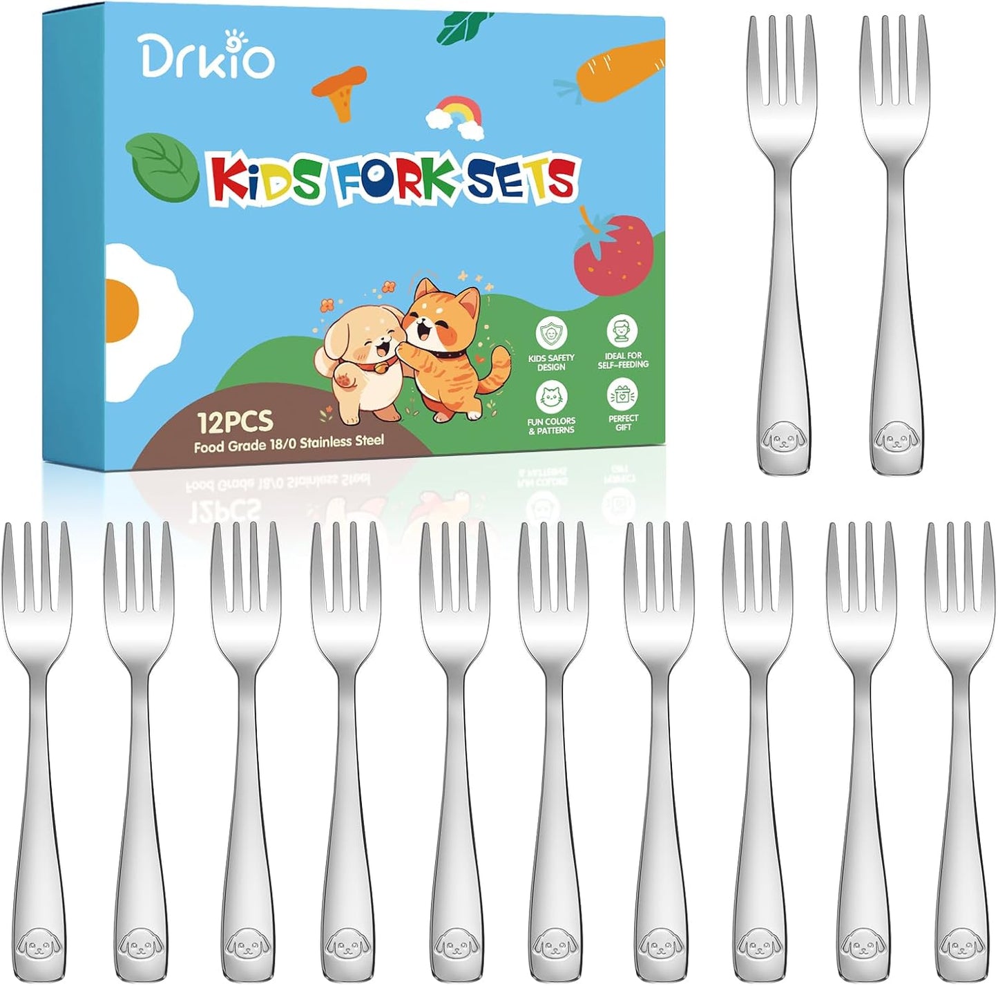 Drkio stainless steel toddler forks set 12 pieces front view