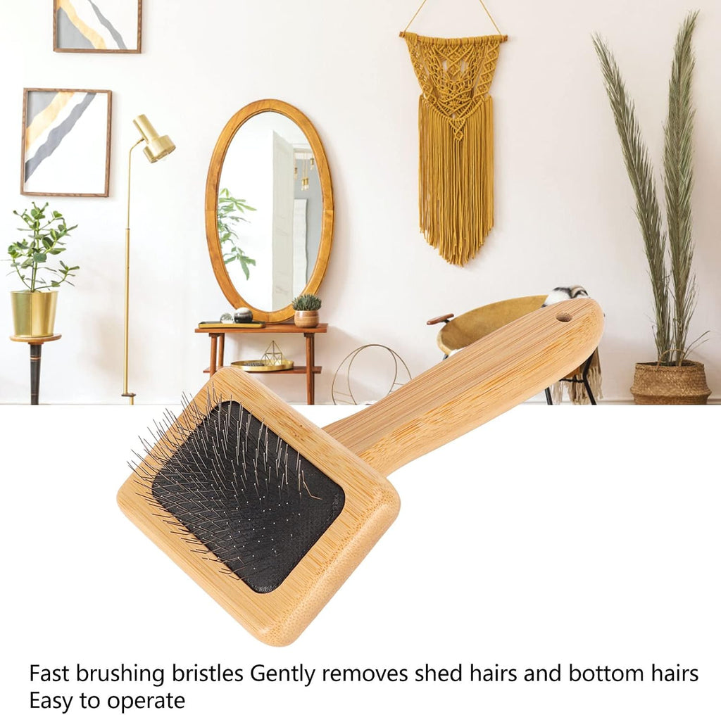 Hamwesh cushioned macrame comb showcasing the polished bamboo wooden handle with hanging hole