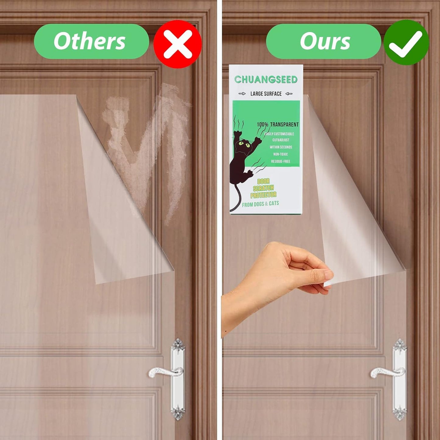 Pet owner applying Chuangseed adhesive door shield